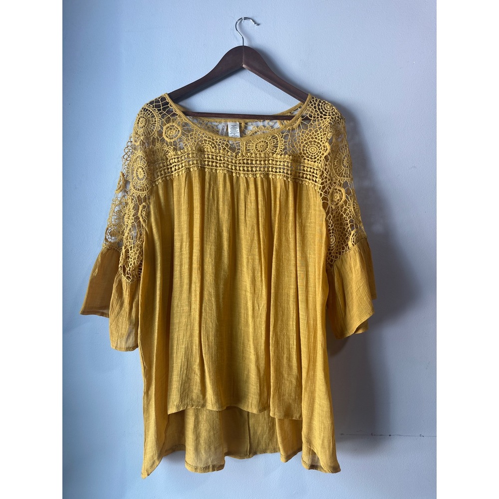 Forgotten Grace Mustard Crochet Lace Bell Sleeve Tunic Top 2X Boho Cottage Plus